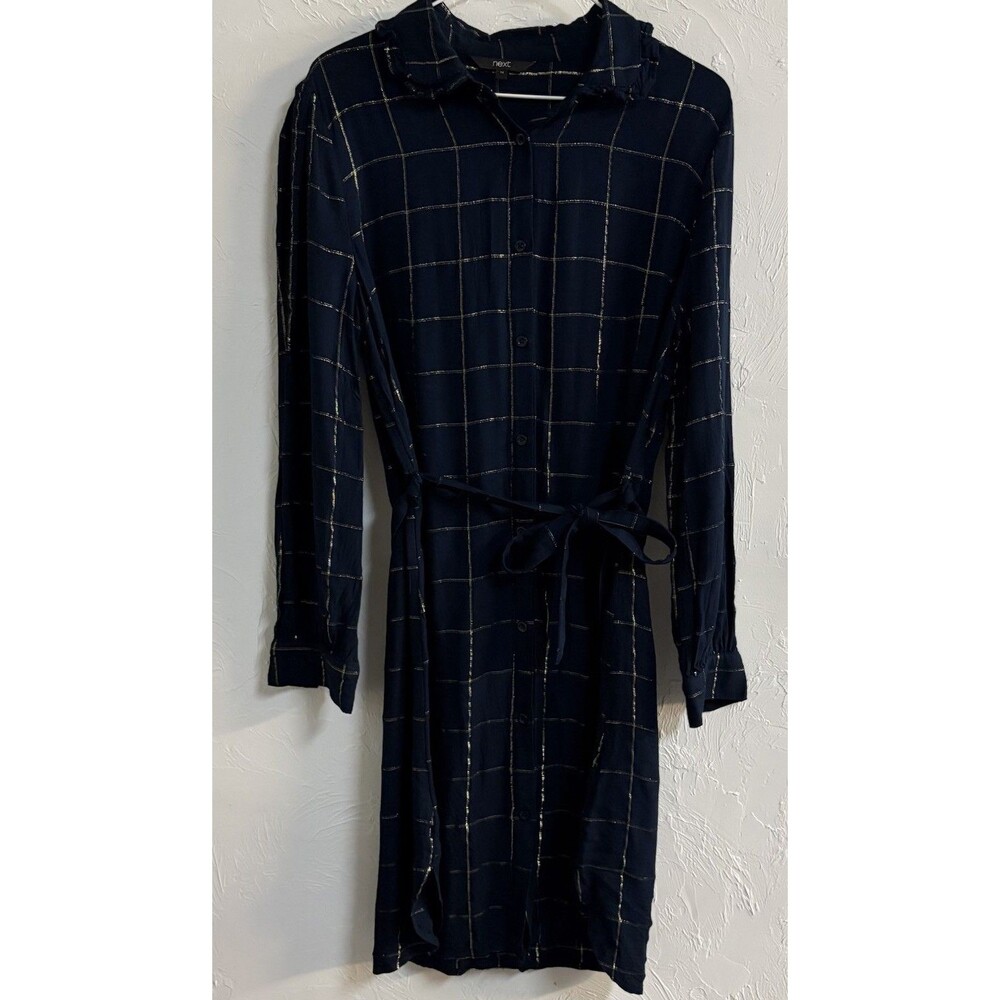 Next Navy Check Collared Long Sleeve Button Front Shirt Dress Knee Length 14